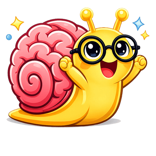 BrainSnail - a friendly snail with a brain shell, glasses and a book, cheering